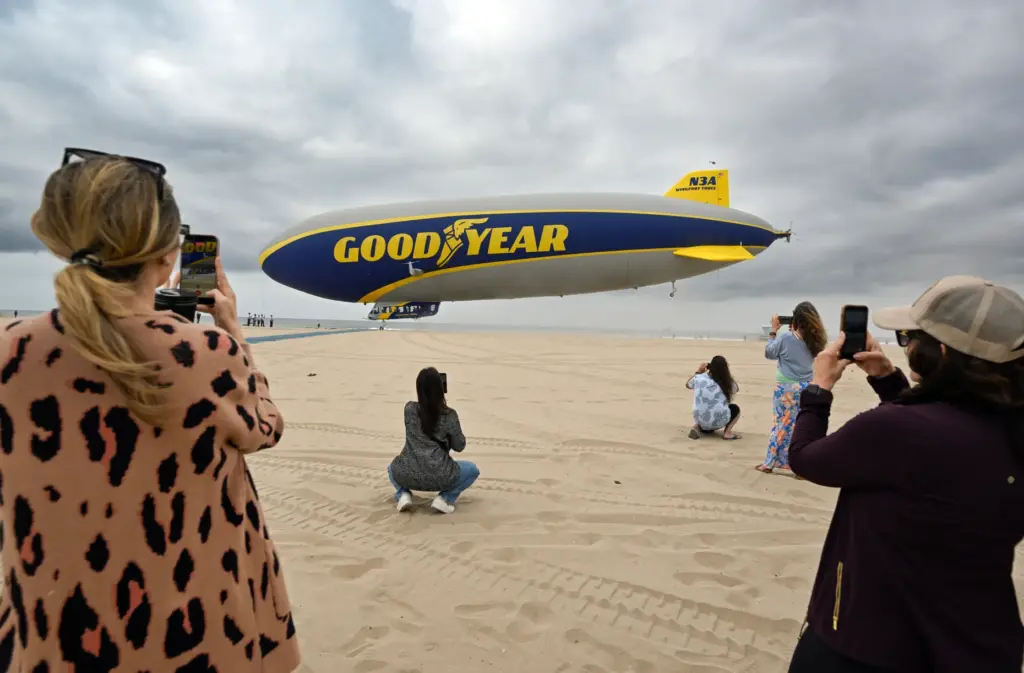 The Goodyear Blimp Wingfoot Three lands on the beach south...