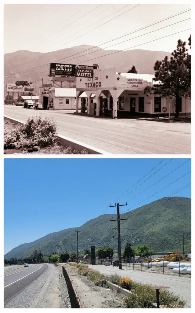 Now and then view of the Blue Cut Business District...