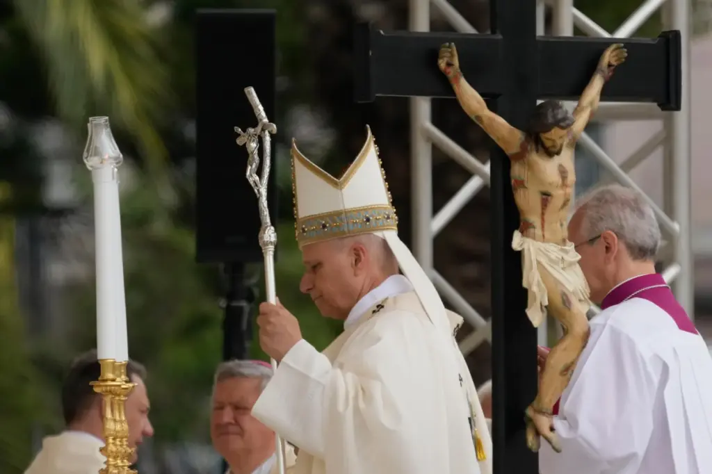 Pope Leo XIV celebrates Mass in front of the Pompeii Shrine.