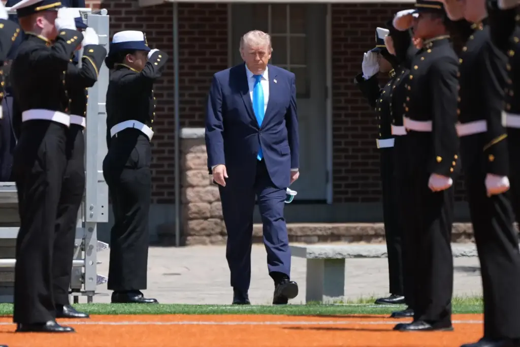 President Donald Trump arrives for the commencement address at the...