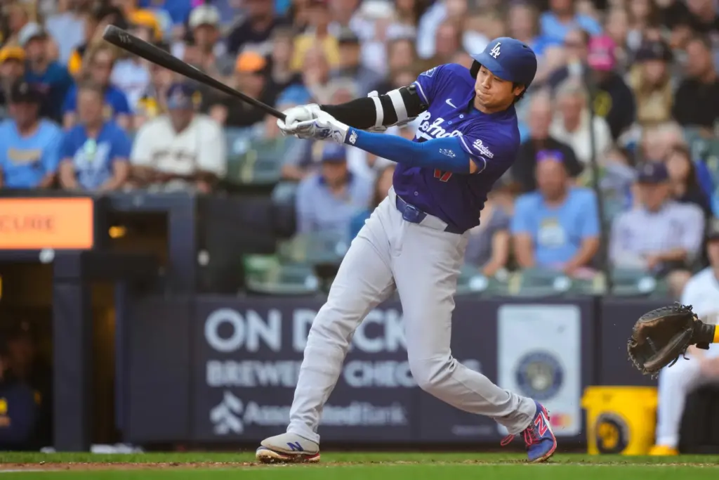 Dodgers’ Shohei Ohtani grounds out during the fourth inning of...