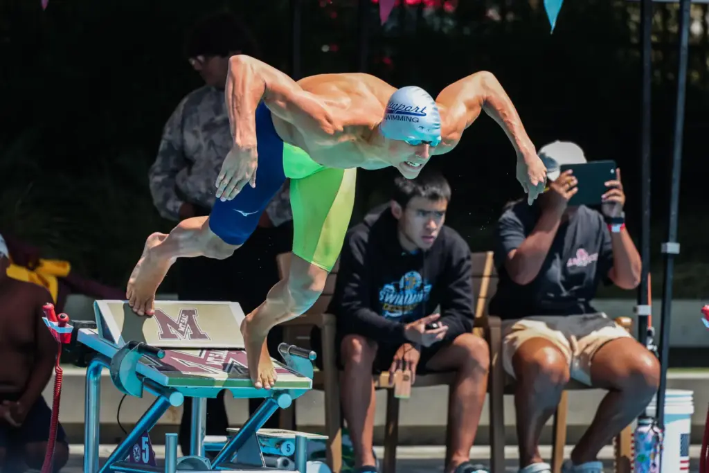 Newport Harbor’s Connor Ohl launches off his block at the...