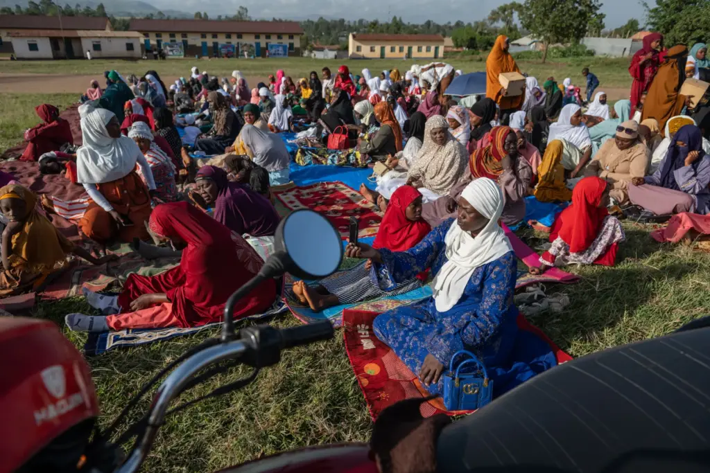 Muslims gather to pray at Sayo Muhamed School during the Eid al-Adha celebration.