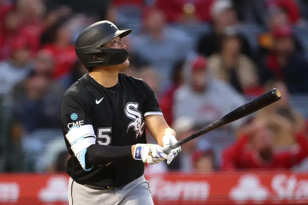 Chicago White Sox slugger Munetaka Murakami watches the flight of...