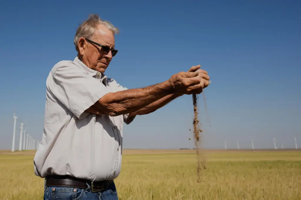 Farmer Orville Williams sifts powder dry soil as he checks...
