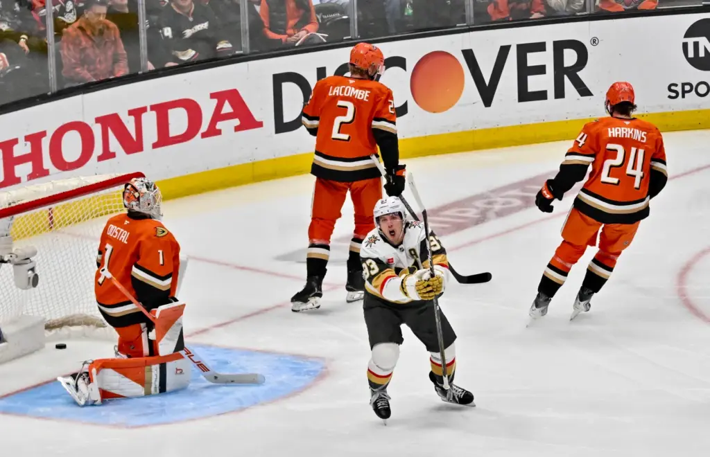 The Vegas Golden Knightsâ Mitch Marner (93) celebrates after scoring...