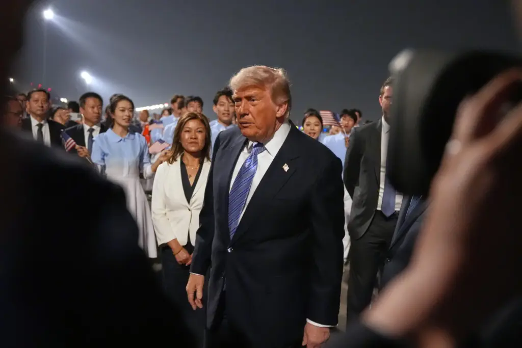President Donald Trump walks during a welcome ceremony as he...