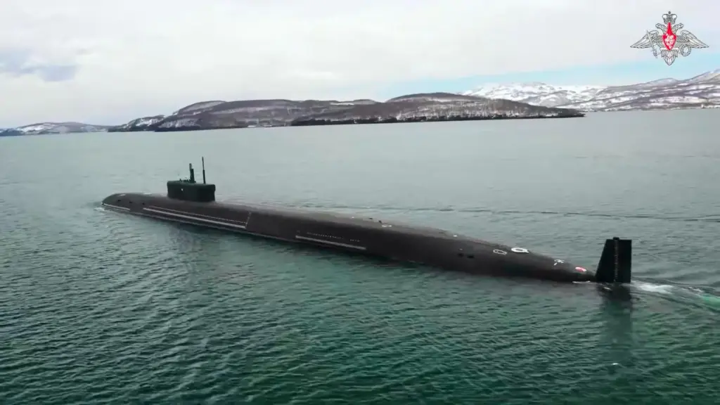 A Borel-class nuclear submarine is seen during drills of Russia's nuclear forces.