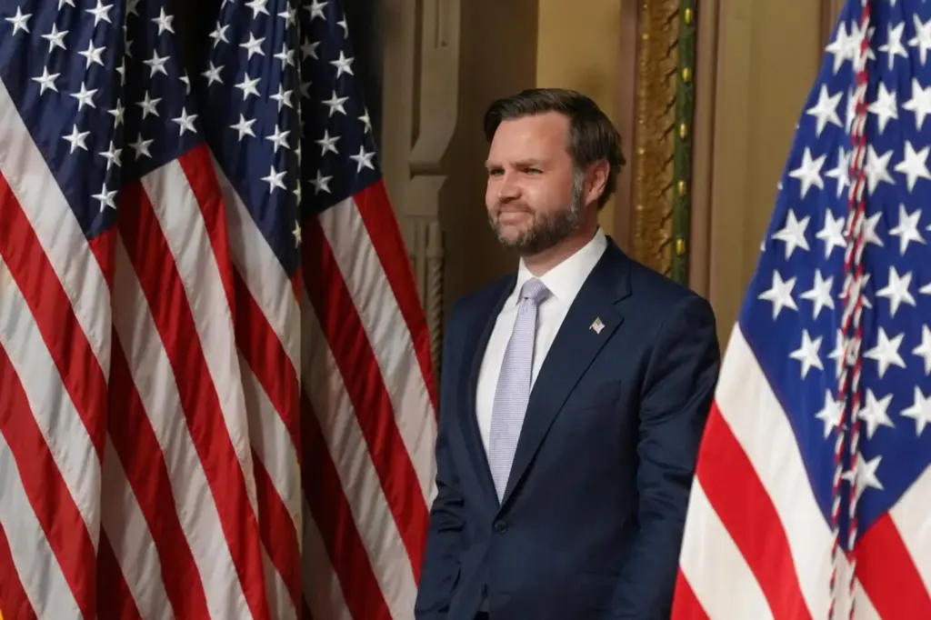 Vice President JD Vance arrives to speak to the media from the Eisenhower Executive Office Building.