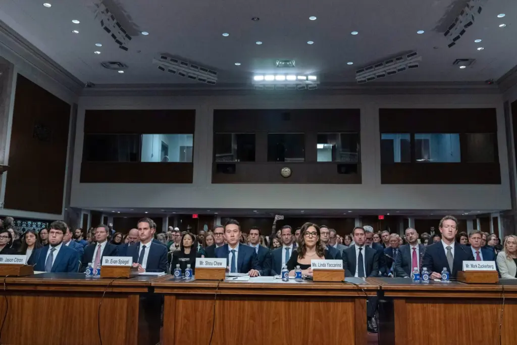 From left; Discord CEO Jason Citron, Snap CEO Evan Spiegel, TikTok CEO Shou Zi Chew, X CEO Linda Yaccarino and Meta CEO Mark Zuckerberg, testify before a Senate Judiciary Committee hearing