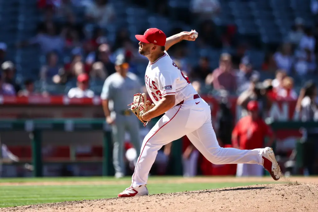 Angels relief pitcher Chase Silseth throws to the plate during...