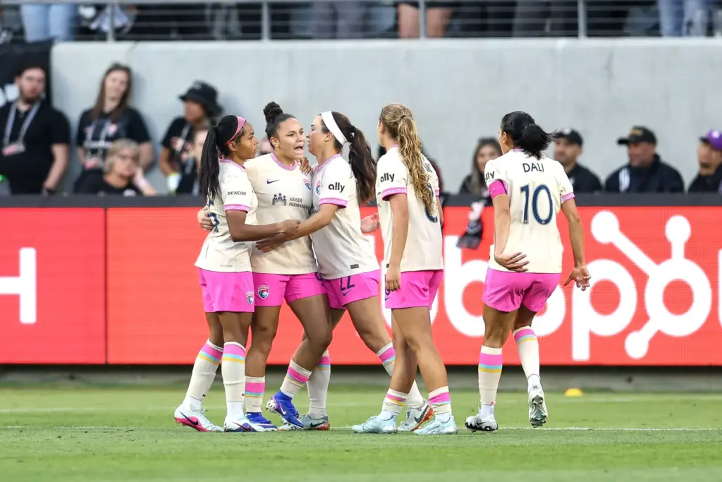 San Diego Wave FC forward Dudinha, second from left, celebrates...