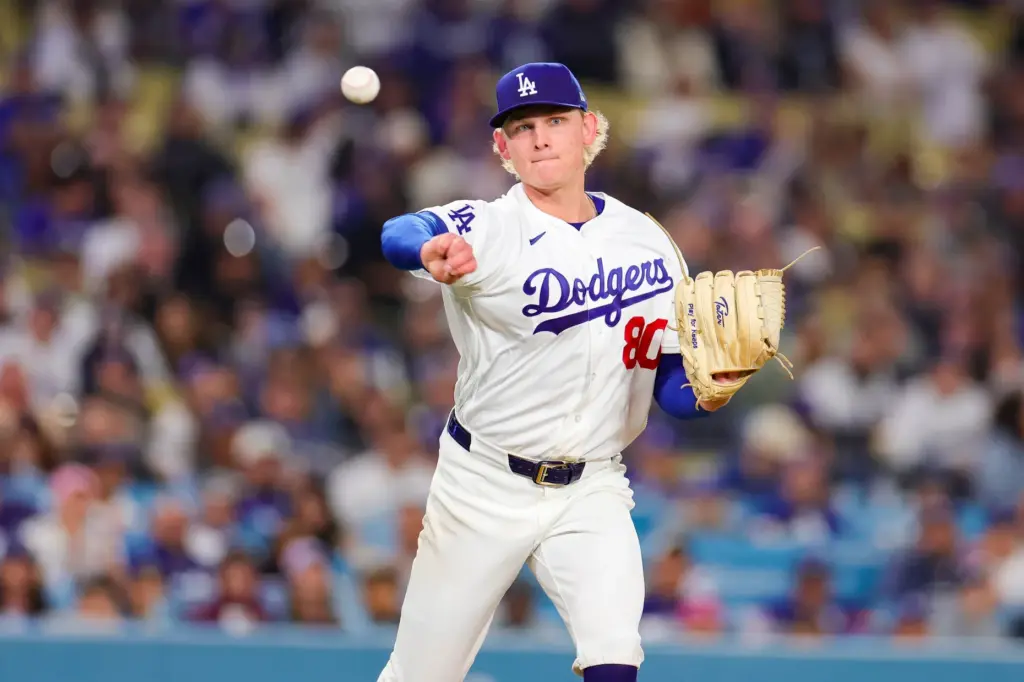 Dodgers starting pitcher Emmet Sheehan throws out the San Francisco...