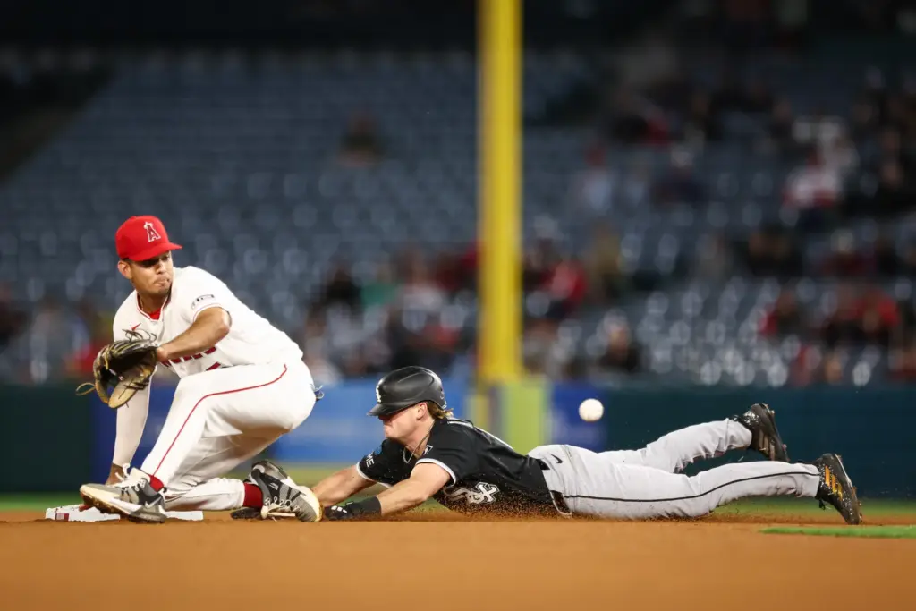 The Chicago White Sox’s Sam Antonacci slides while stealing second...