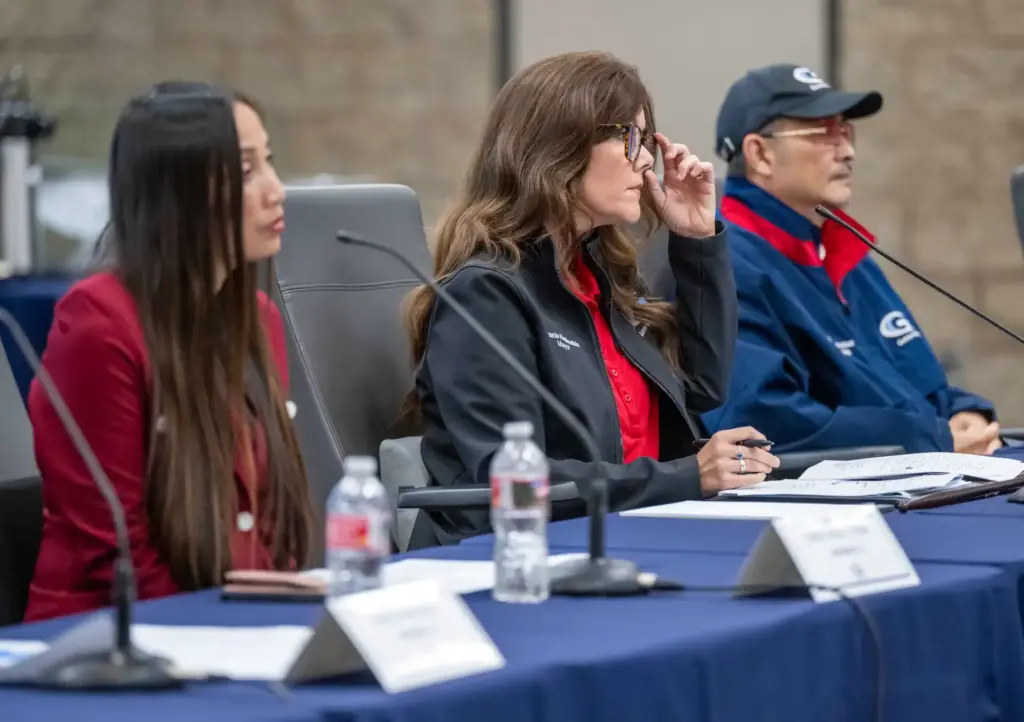 Garden Grove Mayor Stephanie Klopfenstein, center, and city council members,...