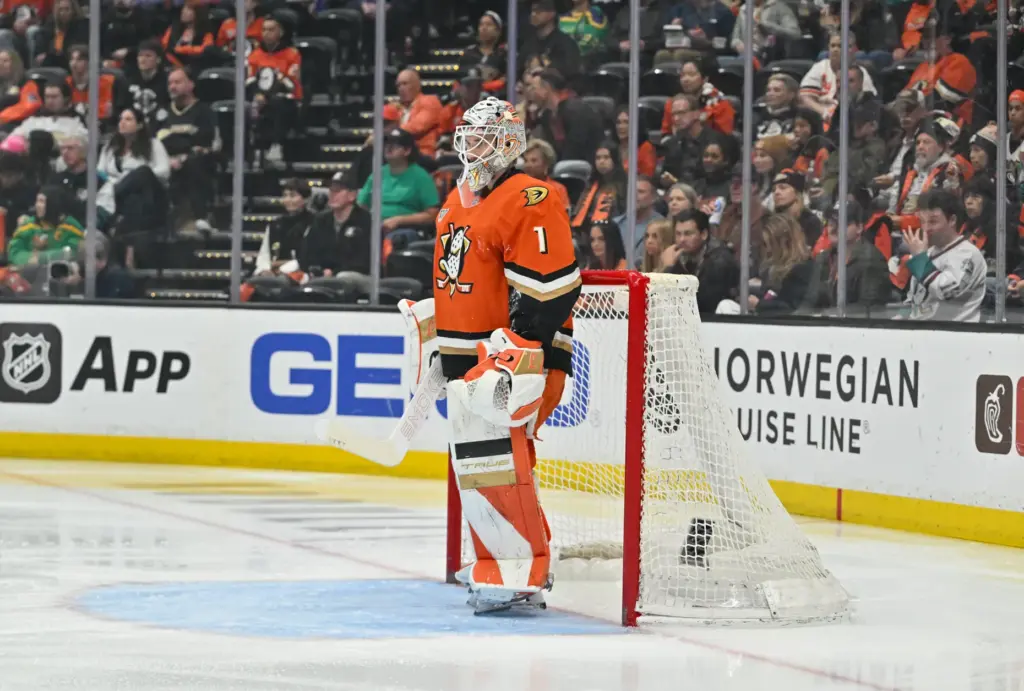 Ducksâ goalie Lukas Dostal (1) against the Vegas Golden Knights...