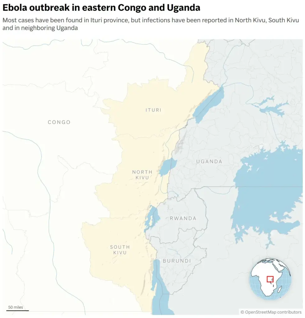 Map showing the location of Uganda and provinces in Congo....