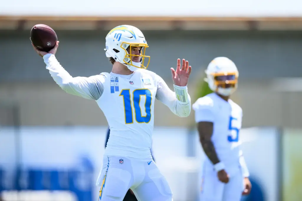 Chargers quarterback Justin Herbert throws a pass during the team’s...