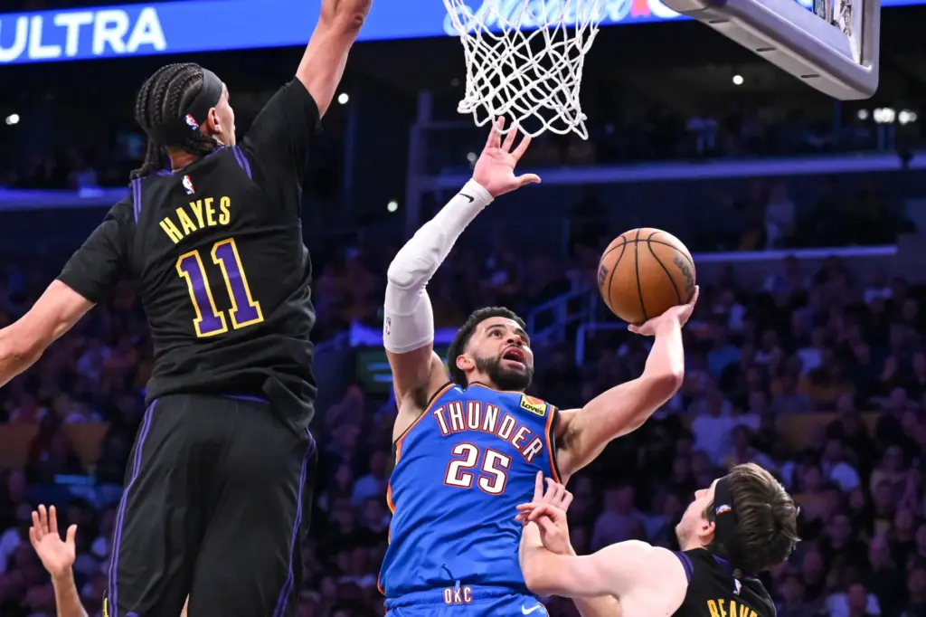 Oklahoma City Thunder guard Ajay Mitchell (25) as Lakers center...