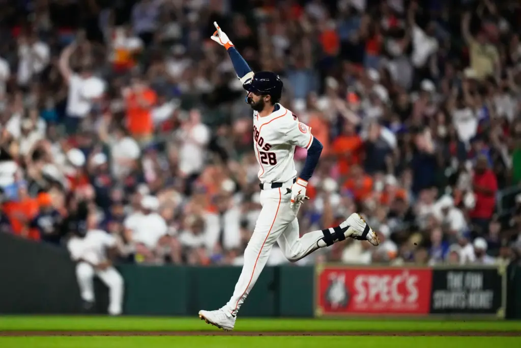 The Houston Astros’ Braden Shewmake runs the bases after hitting...