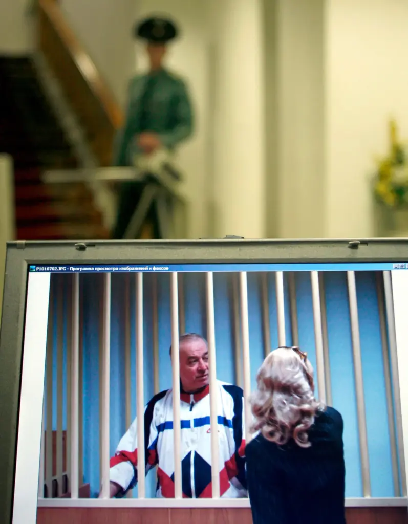 Sergei Skripal is seen on a screen speaking to his lawyer from behind bars in Moscow.
