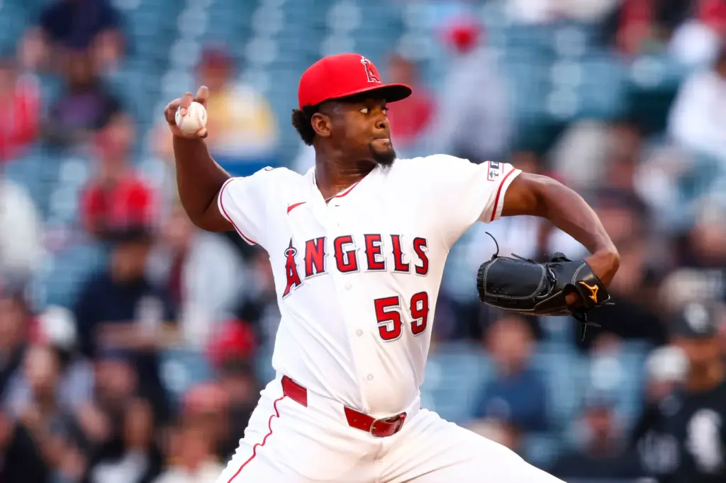 Angels pitcher JosÃ© Soriano throws to the plate during the...