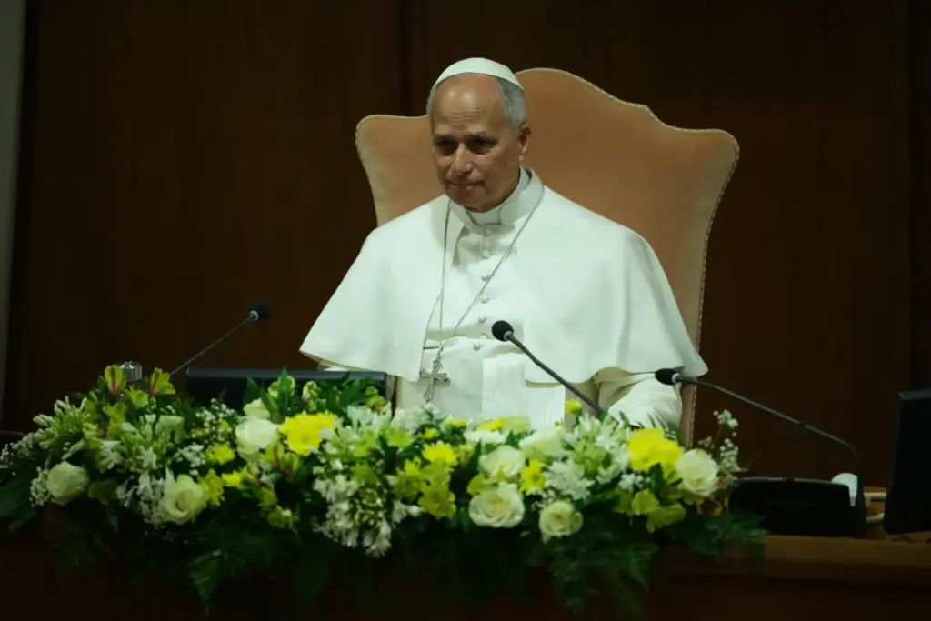 Pope Leo XIV attends the presentation of his first encyclical.