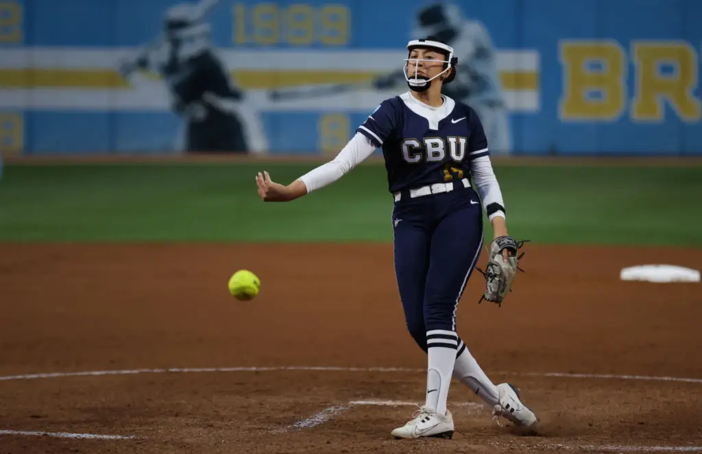 California Baptist pitcher Miranda De Nava throws to the plate...