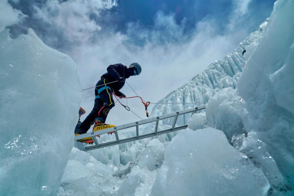 A mountaineer takes part in a training session at Khumbu Icefall