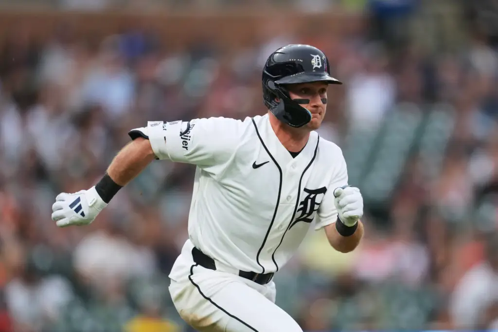 The Detroit Tigers’ Kevin McGonigle runs after hitting a two-run...