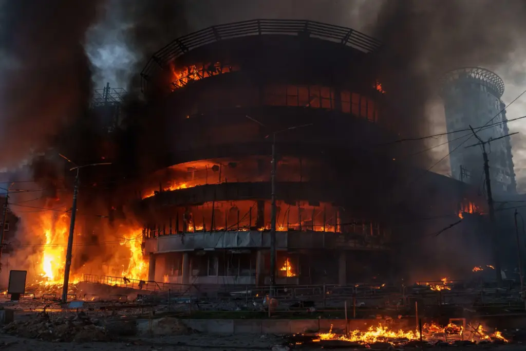 A commercial building burns after a Russian attack in Kyiv, Ukraine.