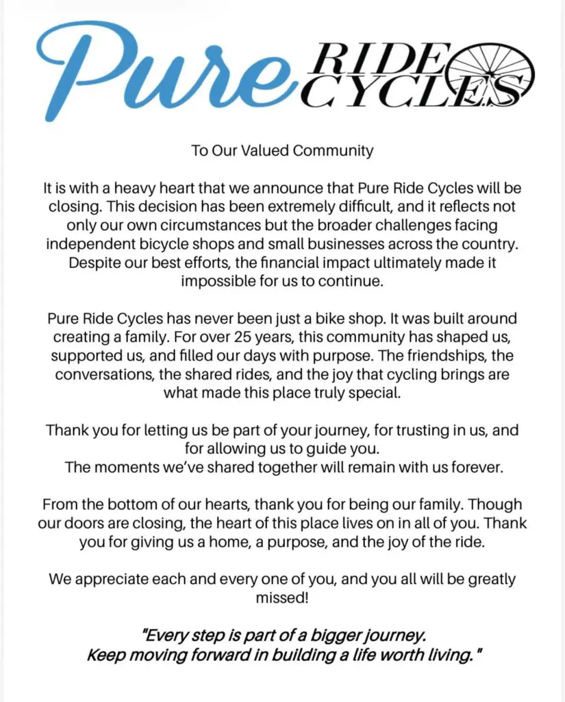 Pure Ride Cycles in Lake Forest is closing. The cycle...