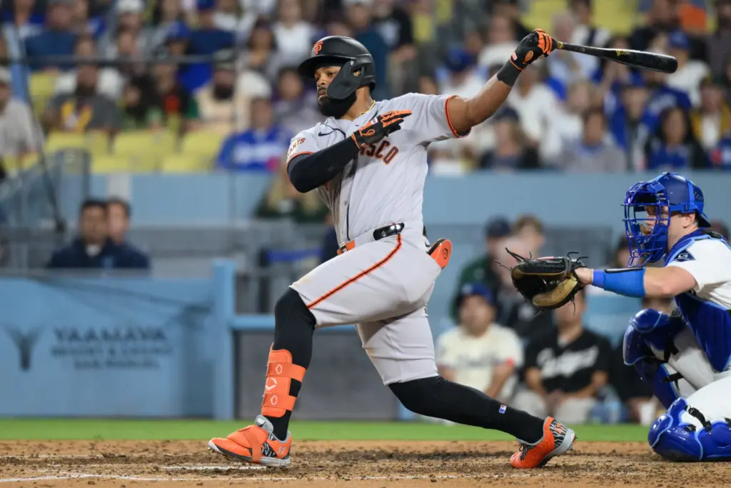 The San Francisco Giants’ Heliot Ramos hits a two-run double...