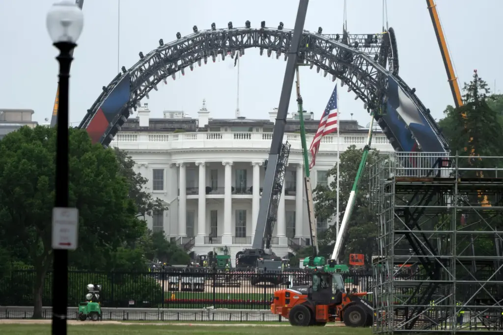 Equipment is seen being placed on the South Lawn of...