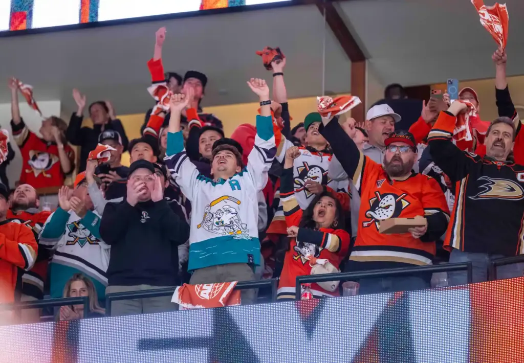 Ducks fans celebrate a goal by Mikael Granlund, not pictured,...
