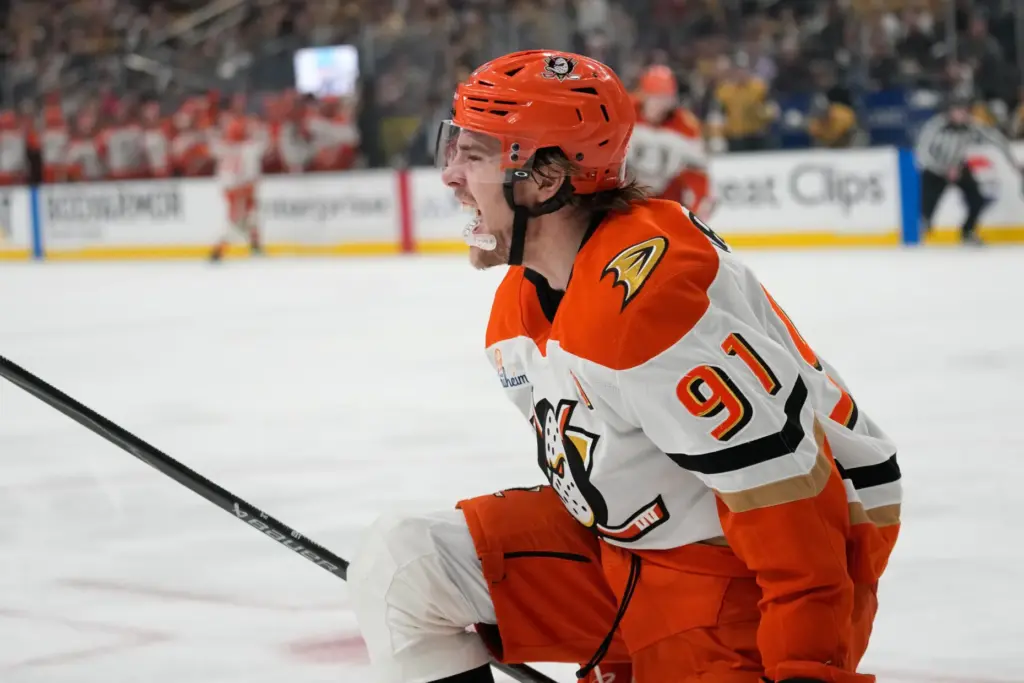 Ducks center Leo Carlsson celebrates after scoring against the Vegas...