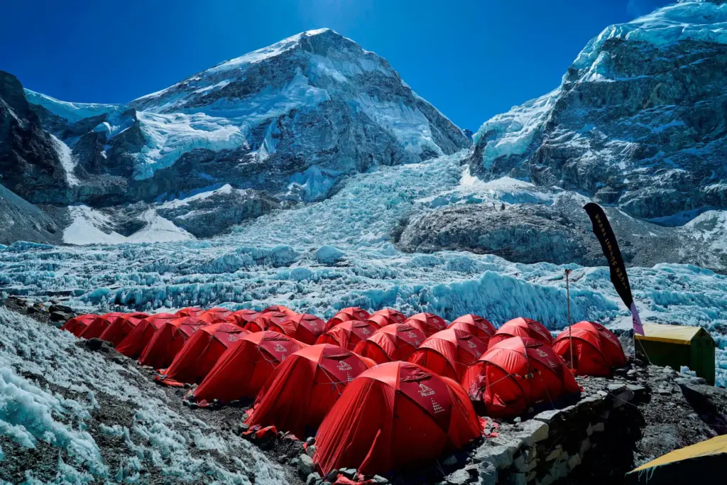 Khumbu Icefall is visible between two peak