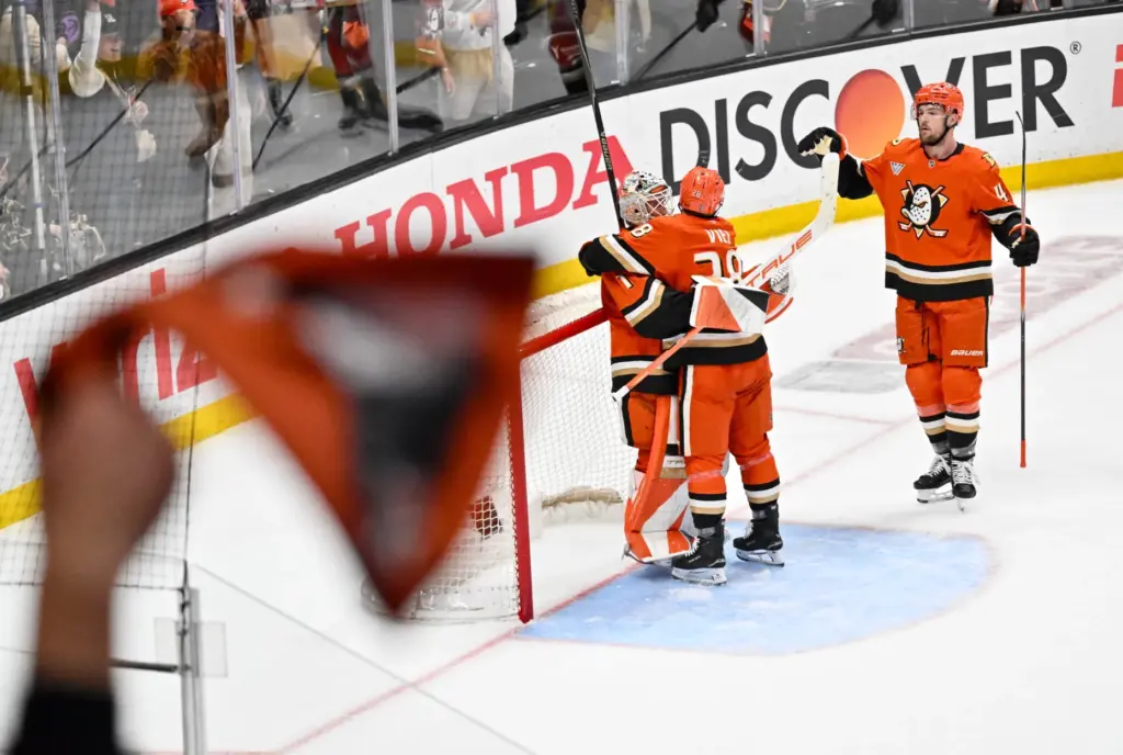 The Ducks celebrate a win over the Vegas Golden Knights...