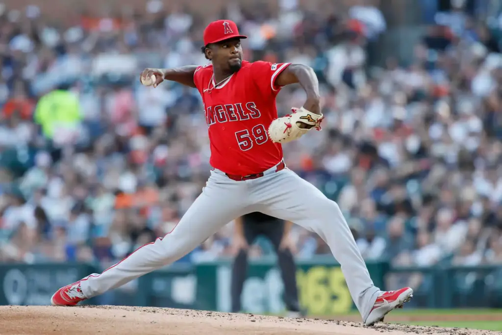 Angels starting pitcher JosÃ Soriano throws to the plate during...