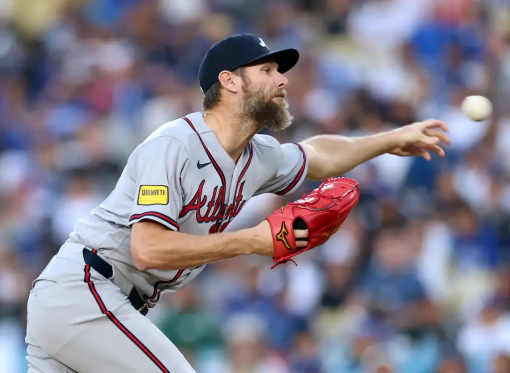 Atlanta Braves starting pitcher Chris Sale throws to the plate...