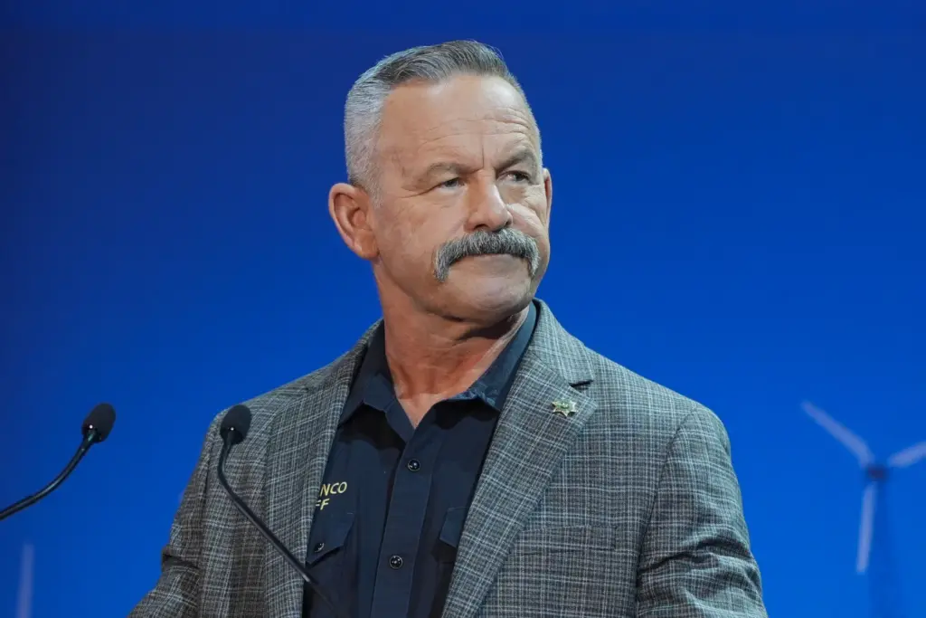 Chad Bianco during a California gubernatorial debate hosted by CBS...