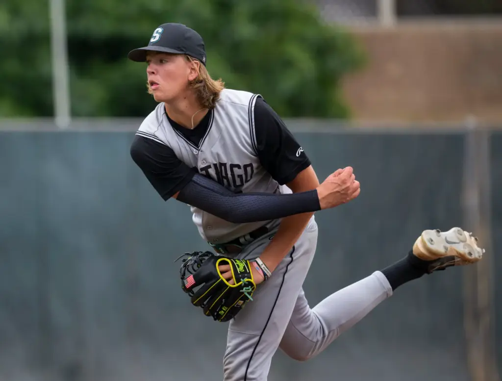 Santiago pitcher Striker Pence delivers a pitch against Orange Lutheran...