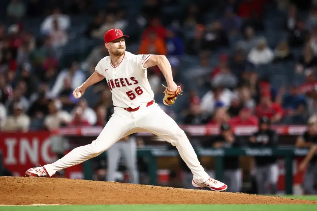 Angels relief pitcher Ryan Zeferjahn throws to the plate during...