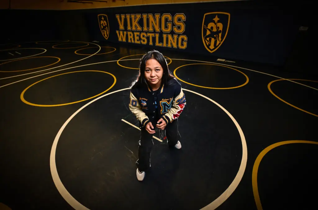 Marina High School sophomore wrestler Aubree Gutierrez in Huntington Beach,...