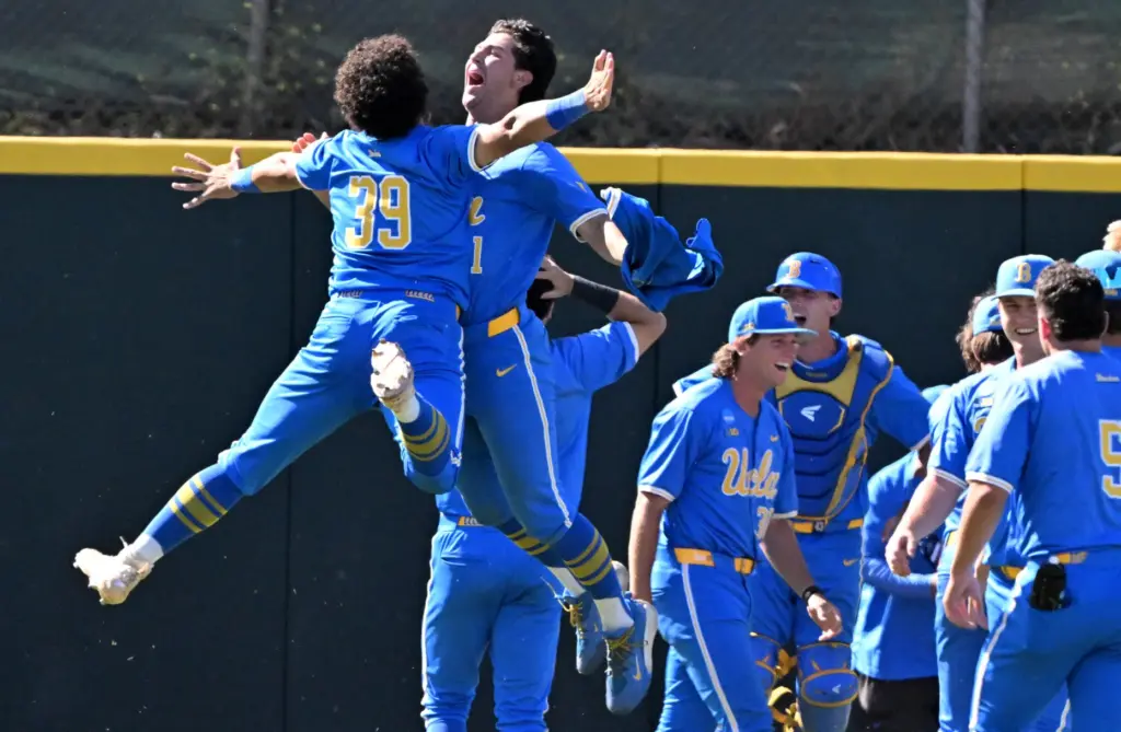 UCLA Bruins celebrate after defeating the Virginia Tech Hokies 6-5...