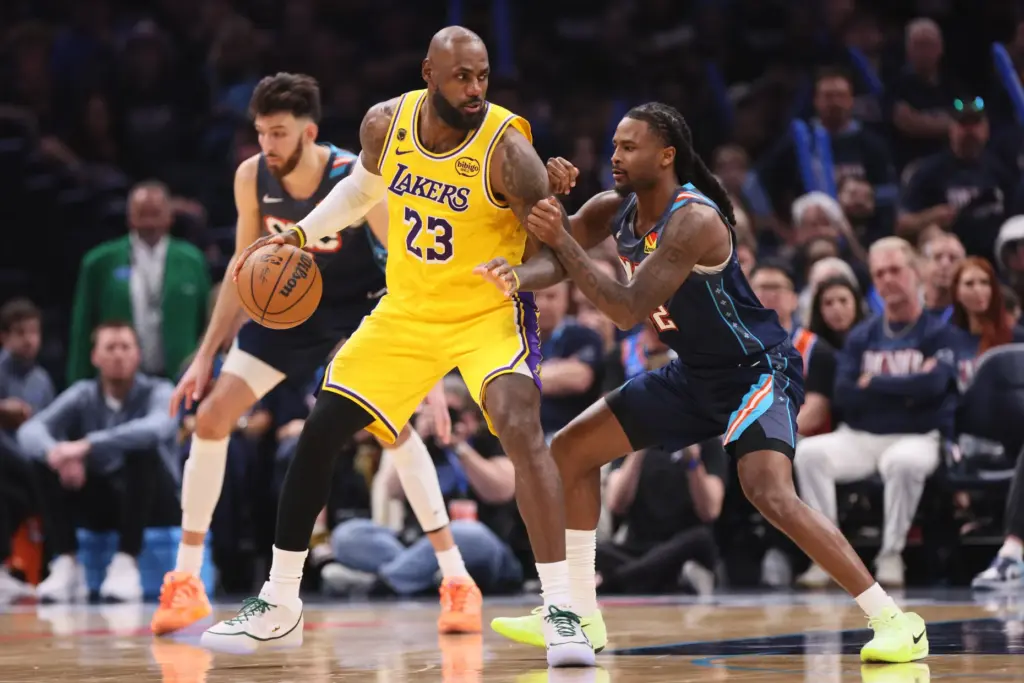 Los Angeles Lakers forward LeBron James (23) works for a...