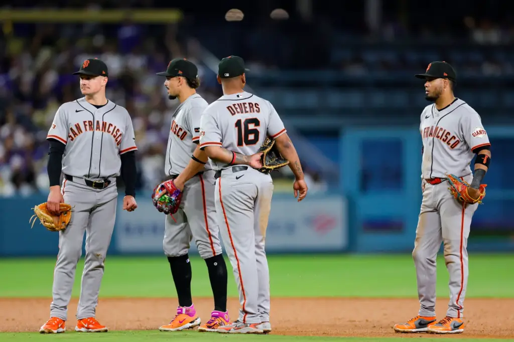 From left, San Francisco Giants third baseman Matt Chapman, shortstop...