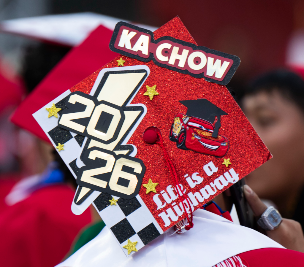 A graduation cap at the Santa Ana High School graduation...