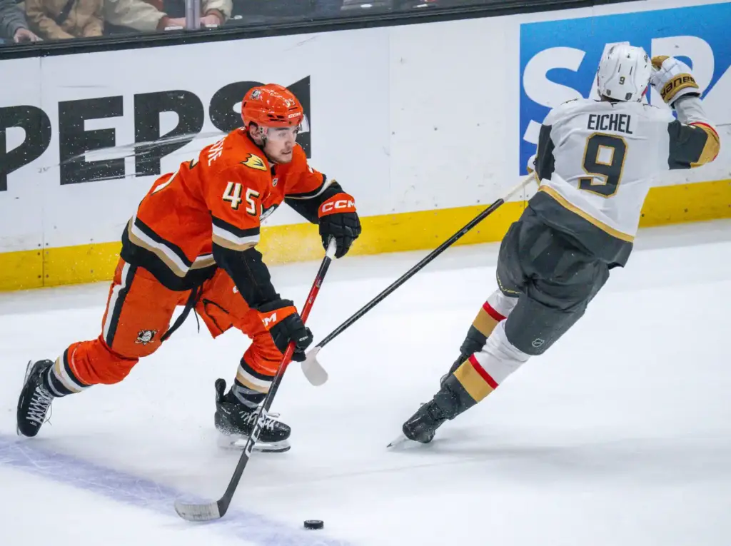The Ducksâ Beckett Sennecke, left, controls the puck behind the...