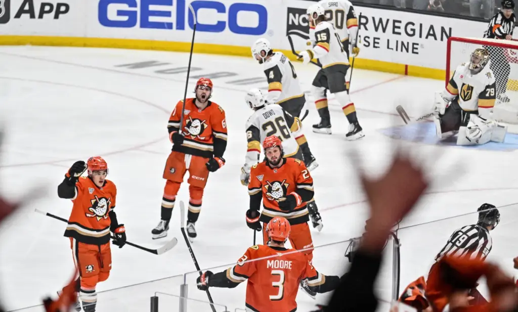 The Ducksâ celebrate a goal against the Vegas Golden Knights...
